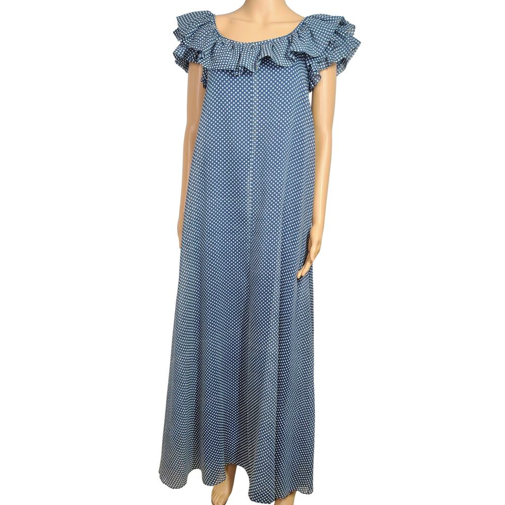 70s Joseph Magnin Blue Polka Dot Gunne Sax Maxi Ruffled Neckline Dress Size 8